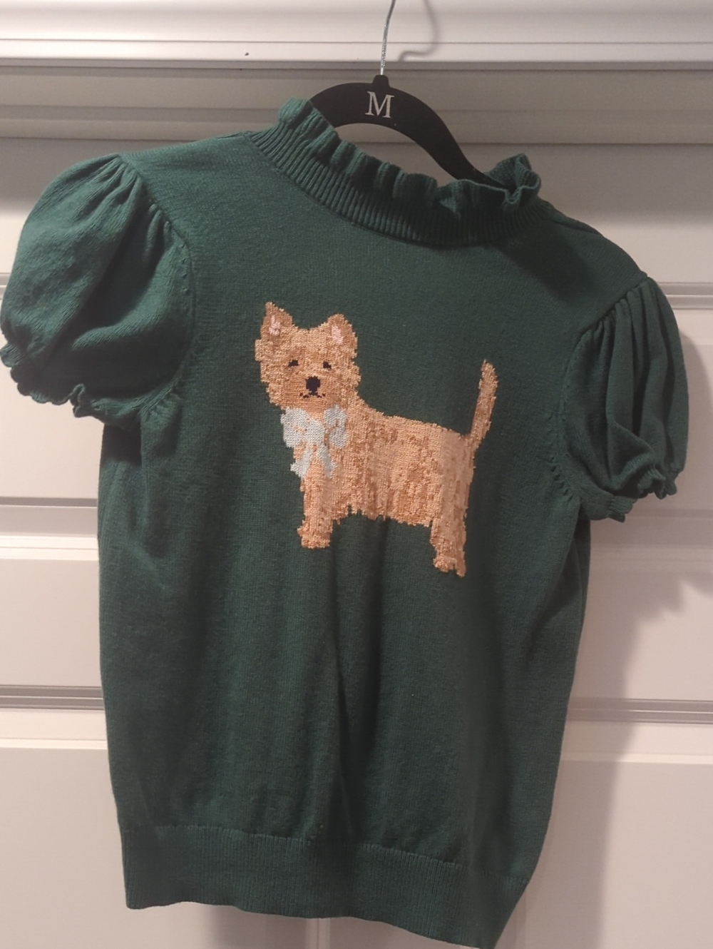 Janie and Jack Emerald Green Puff-Sleeve Knit Top with Dog Intarsia
